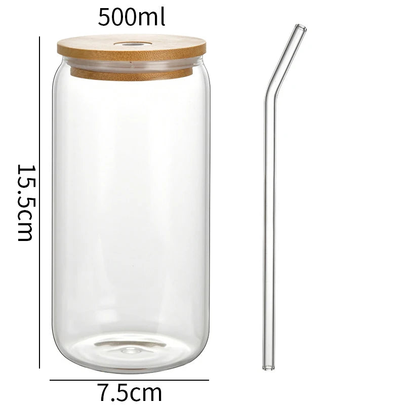 Glas mit Erdbeermuster, Deckel und Strohlam (500ml) // Strawberry Glass With Bamboo Lid And Straw 500ml Can